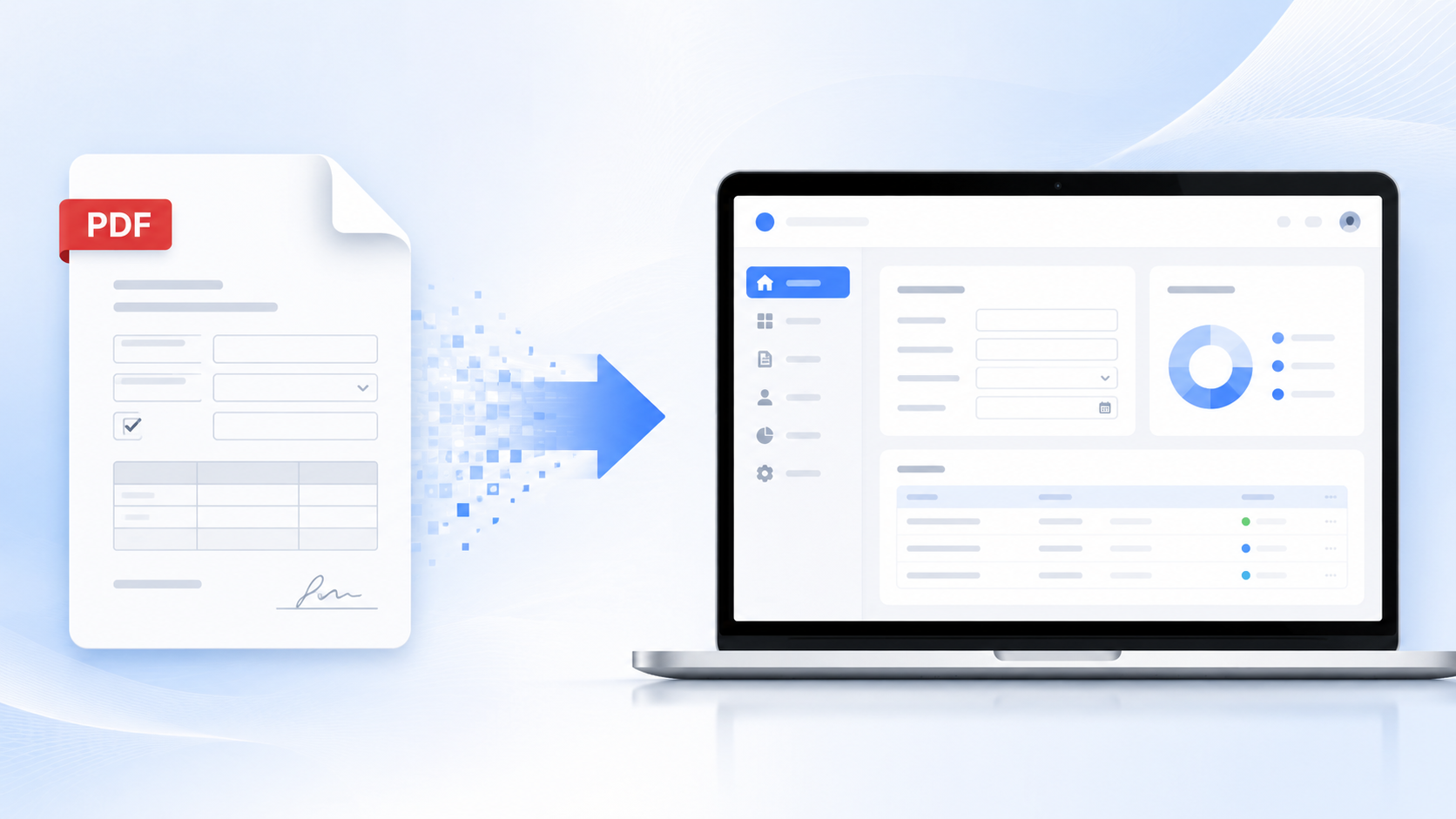 KI-generiertes Bild, das zeigt, wie ein PDF-Dokument von Papierform in eine digitale Web-App umgewandelt wird